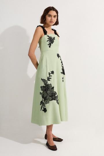 Viscose Linen Placed Floral Lace Embroidered Strappy Midi Dress sage