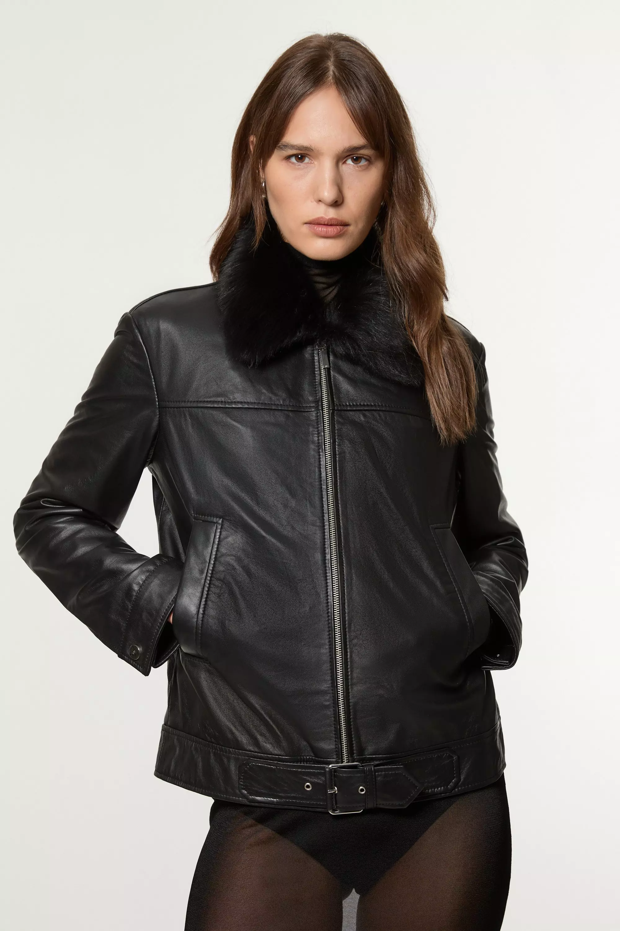 国内発・関税込【KAREN MILLEN】フェイクファーレザージャケット Leather Single Breasted Tailored Blazer | Karen Millen