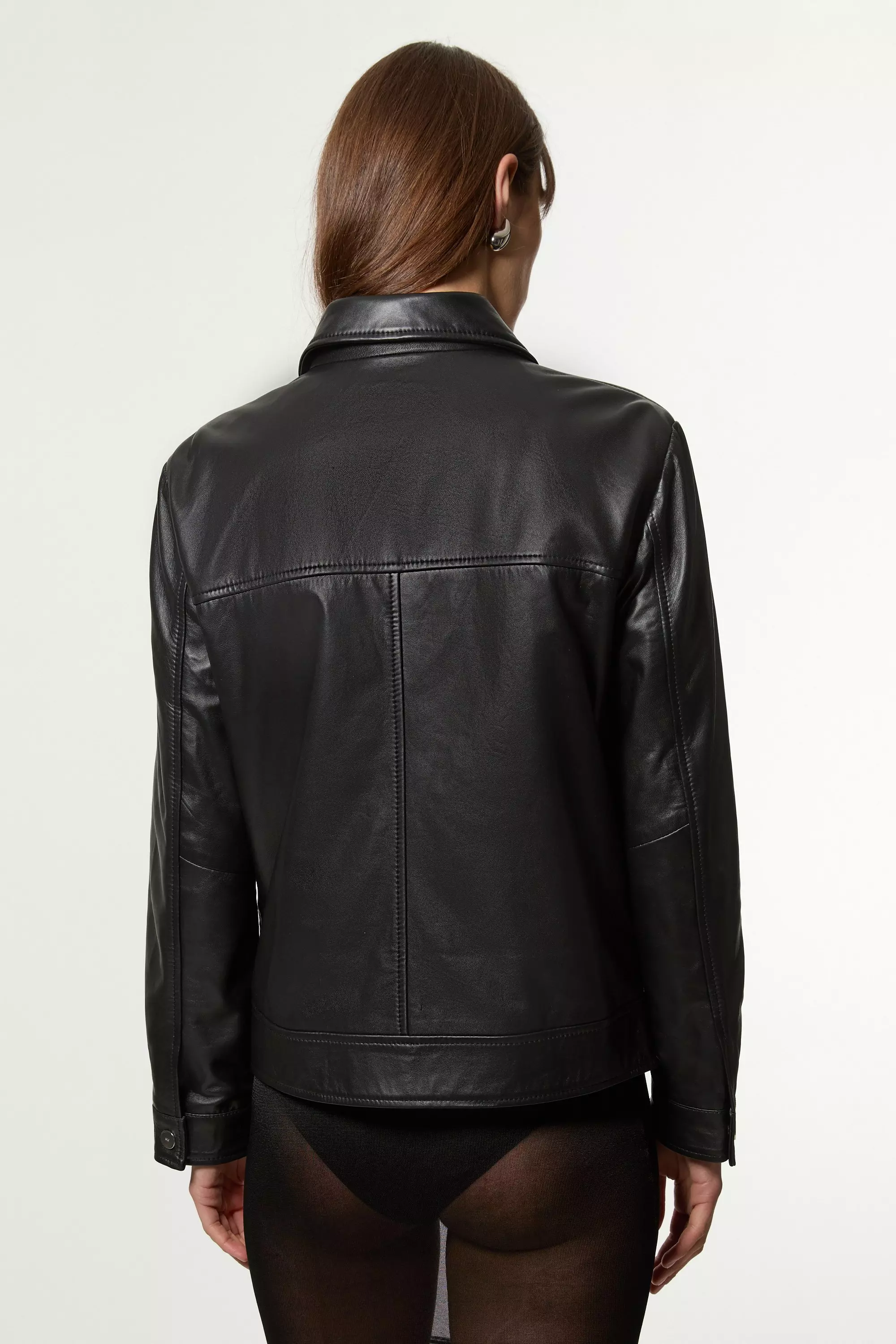 Shearling Collar Leather Zip Through Jacket | Karen Millen
