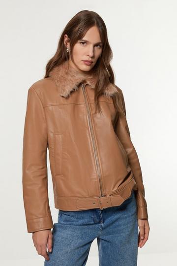 Shearling Collar Leather Zip Through Jacket camel