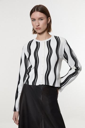 White Contrast Wave Knit Jacket With Fringing