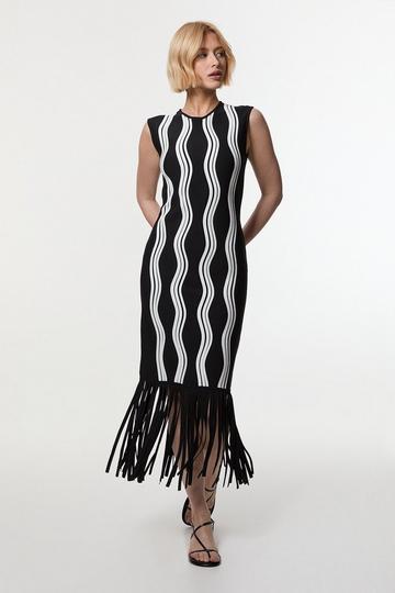 Contrast Wave Knit Dress With Fringing mono