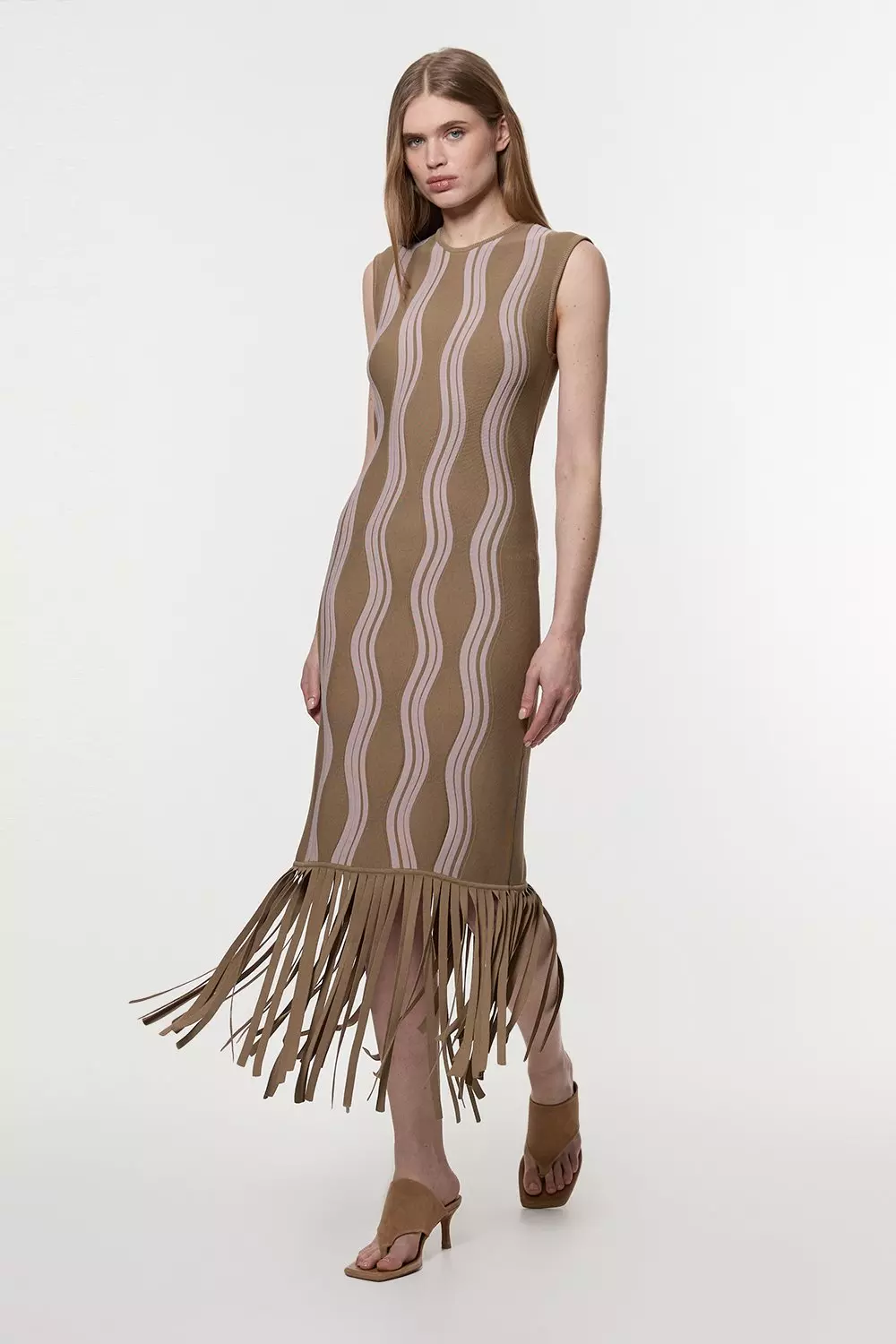 Olive Contrast Wave Knit Dress With Fringing alternative image