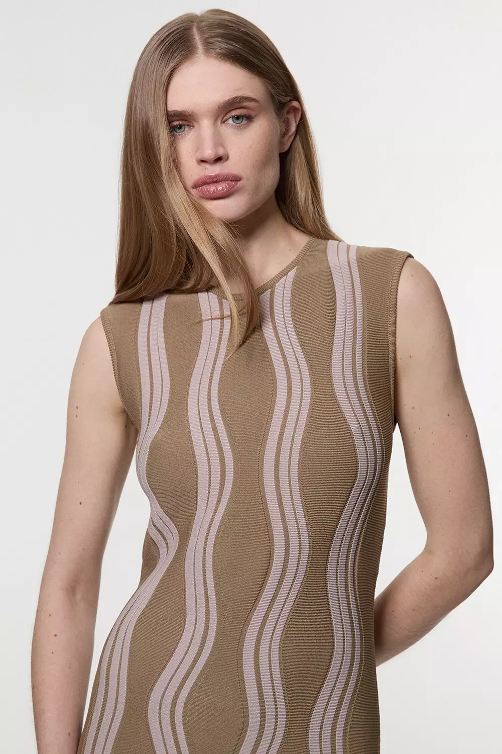 Olive Contrast Wave Knit Dress With Fringing alternative image