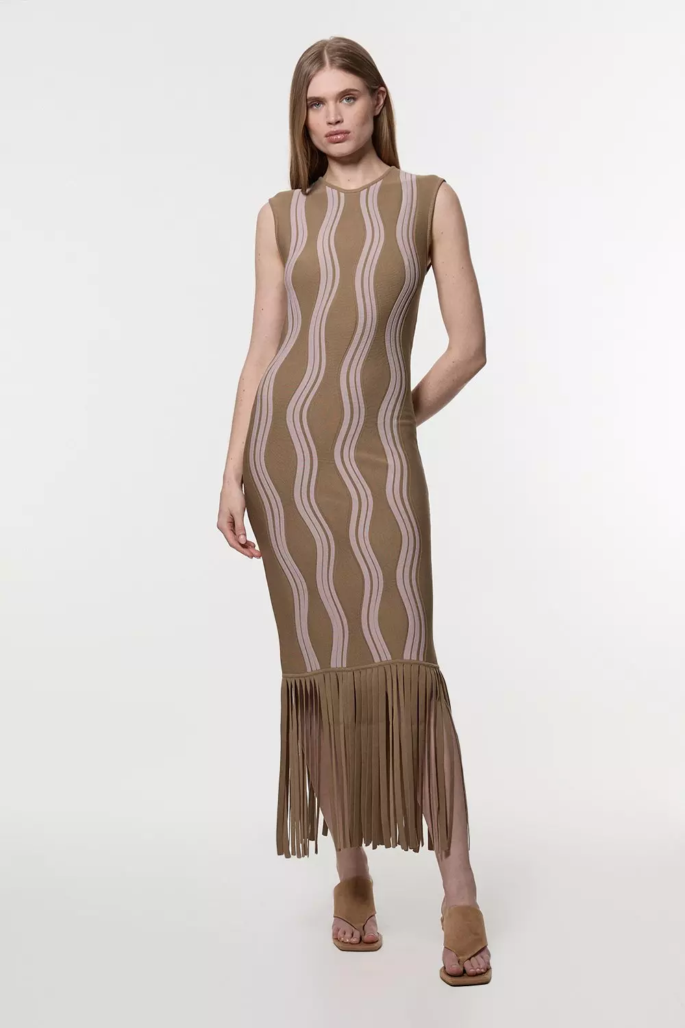 Olive Contrast Wave Knit Dress With Fringing alternative image