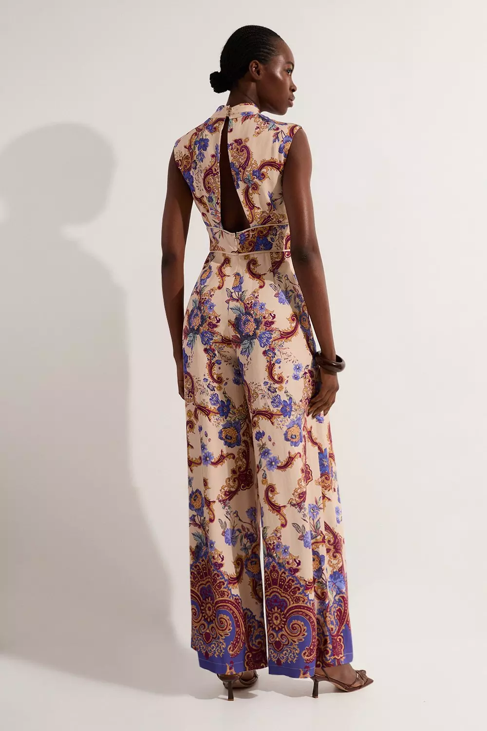 値下げCROSS JACQUARD ROMPERS Premium Linen Viscose Halter Woven Jumpsuit | Karen Millen