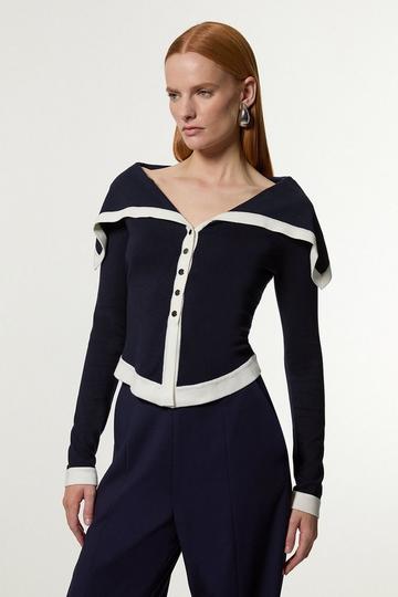 Navy Archive Collection - Wide Collar Knitted Cardi Top