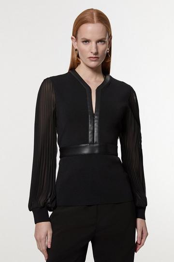 Black Woven Sleeved Pleated Top With Pu