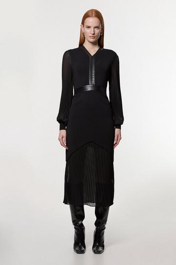 Black Woven Sleeved Pleated Dress With Pu