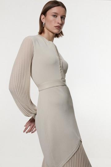 Grey Woven Sleeved Pleated Dress With Pu