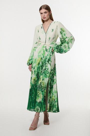 Green Ombre Floral Soft Pleated Cut Out Woven Maxi Dress