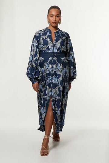 Plus Size Viscose Linen Mirrored Floral Woven Midi Dress With Raffia Belt navy