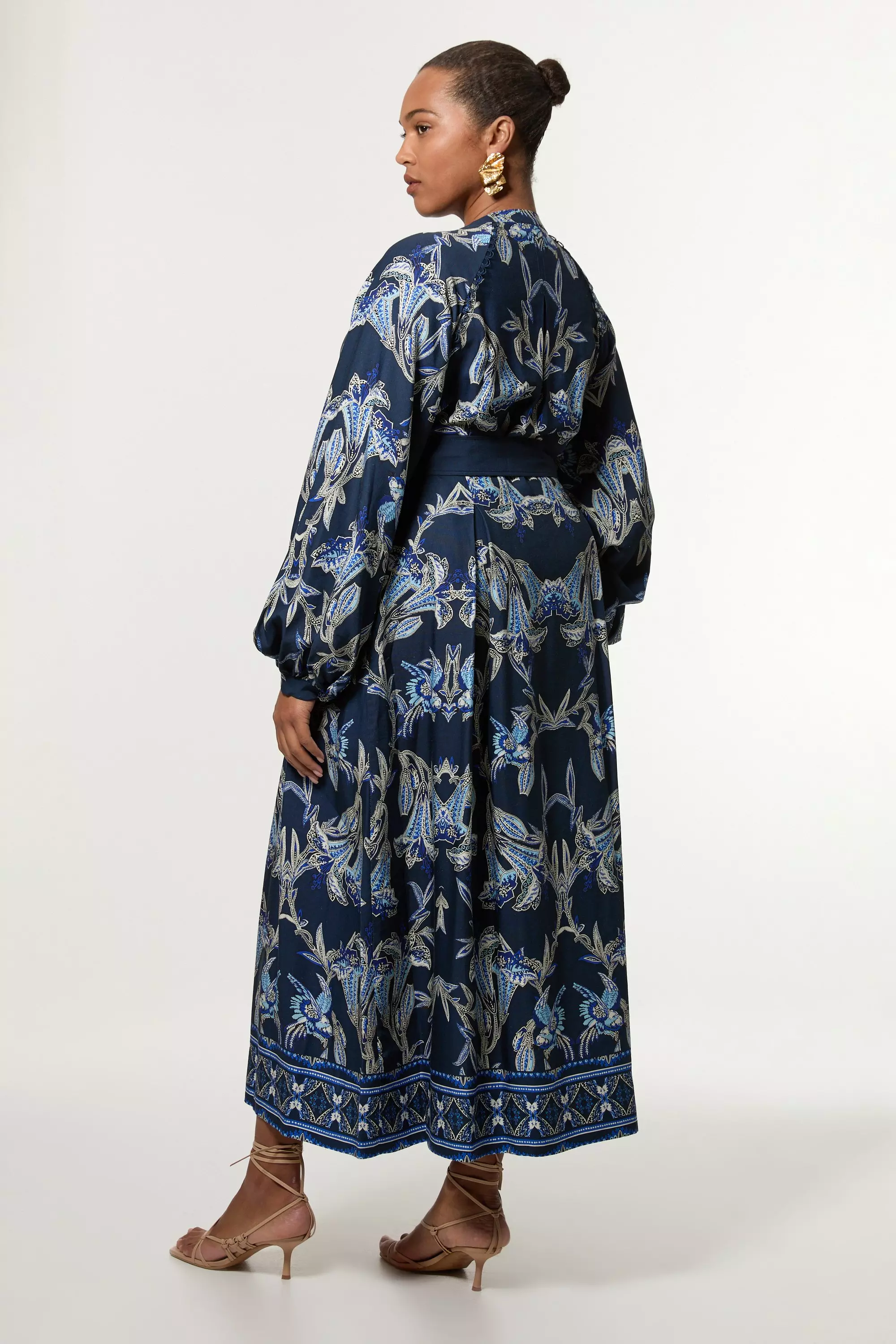 ◆KAREN MILLEN◆ テーラードホルタージャンプスーツ / navy Plus Size Viscose Linen Mirrored Floral Woven Midi Dress