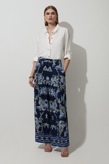 Navy Viscose Linen Mirrored Floral Woven Straight Leg Trouser