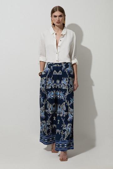 Navy Petite Viscose Linen Mirrored Floral Woven Straight Leg Trouser