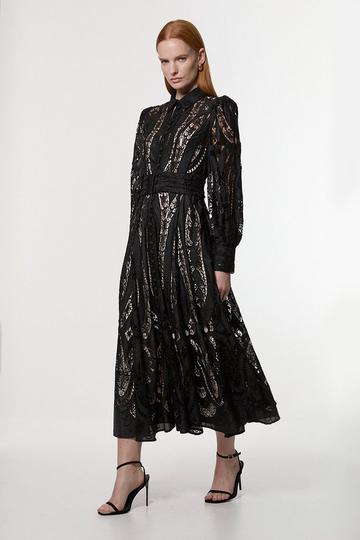 Tall Sheer Georgette Cutwork Balloon Sleeve Woven Maxi Dress black