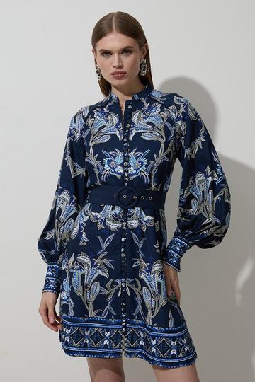 Viscose Linen Mirrored Floral Belted Woven Mini Dress navy