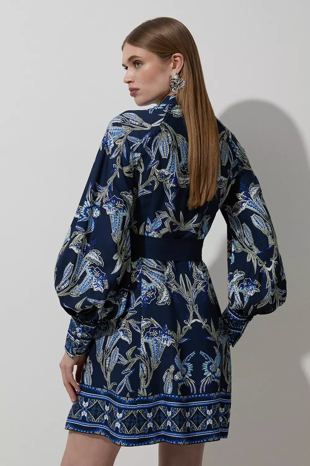 Viscose Linen Mirrored Floral Woven Mini Dress With Raffia