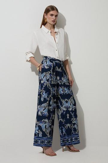 Navy Tall Viscose Linen Mirrored Floral Woven Straight Leg Trouser