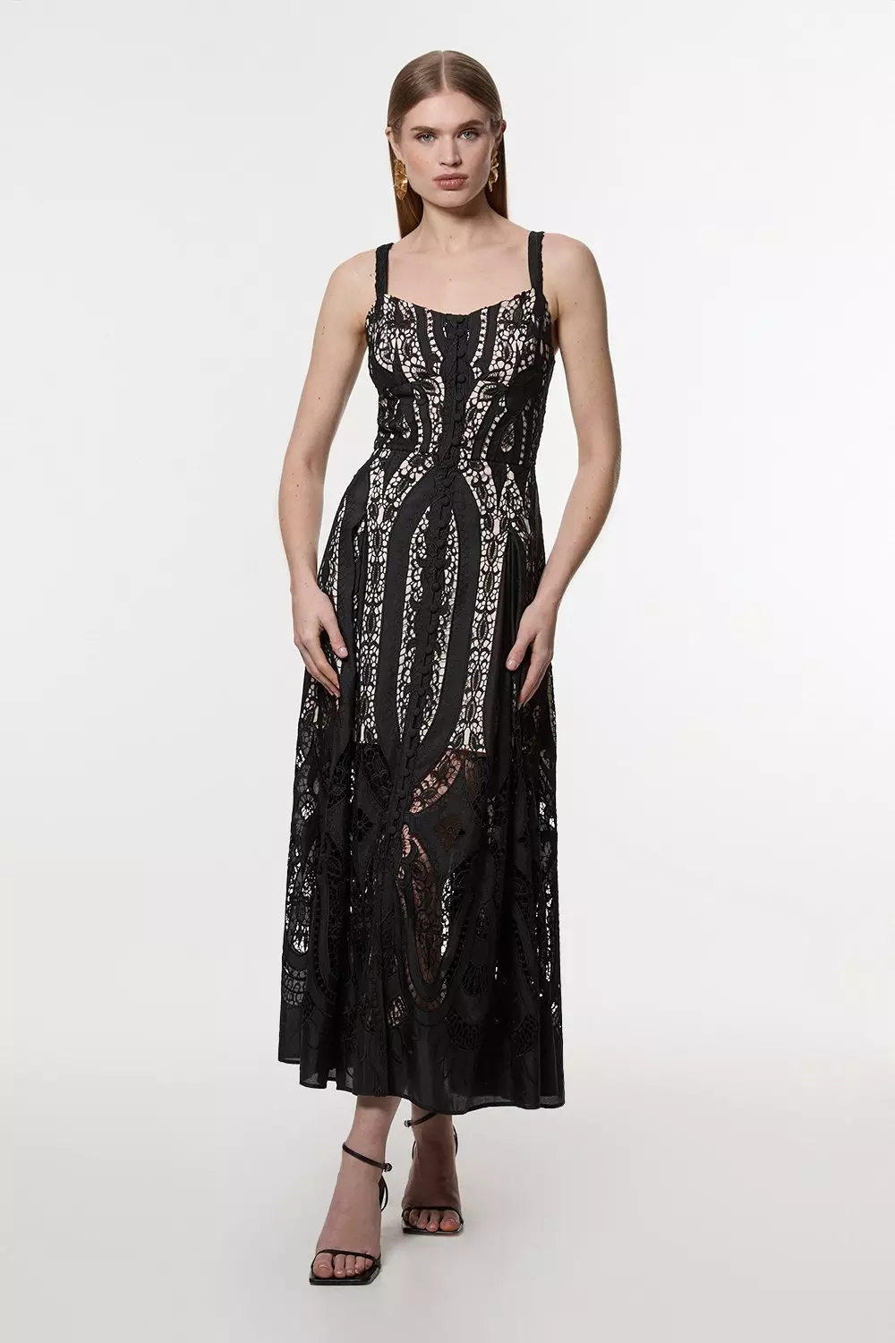 新品☆ KARREN MILLEN  サイズ6 Mirrored Cutwork Strappy Embroidered Woven Maxi Dress