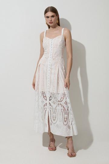 White Sheer Georgette Cutwork Strappy Woven Maxi Dress