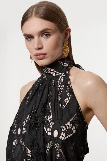 Sheer Georgette Cutwork Woven Halter Top black