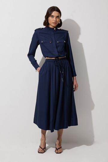 Navy Premium Viscose Linen Tie Waist Woven Skirt