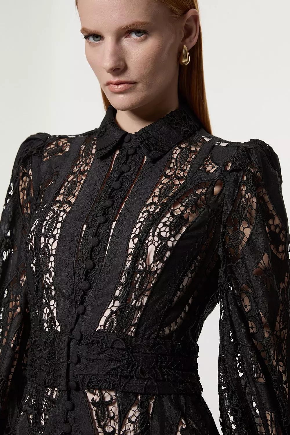 Sheer Georgette Cutwork Balloon Sleeve Woven Maxi Dress