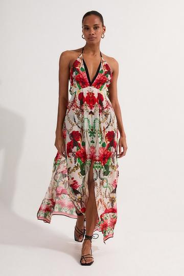 Beach Viscose Georgette Mirrored Rose Print Woven Maxi Dress multi