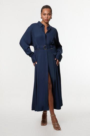 Plus Size Premium Viscose Linen Woven Shirt Dress With Gold Buckle Belt navy