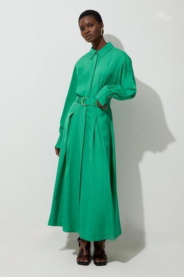 Premium Viscose Linen Woven Shirt Dress With Gold Buckle Belt green