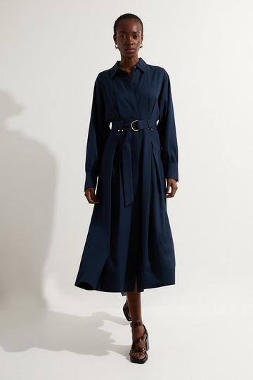 Premium Viscose Linen Woven Shirt Dress With Gold Buckle Belt navy