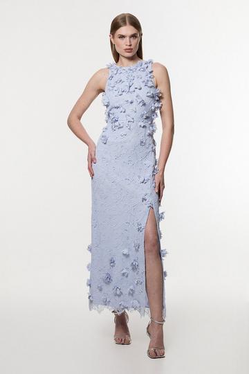 Petal Applique Lace Woven Midi Dress blue