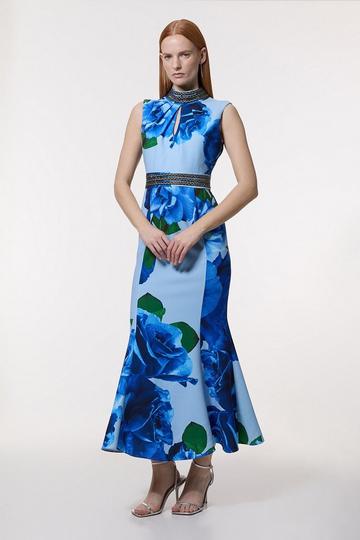 Diamante Trim Rose Woven Maxi Dress blue