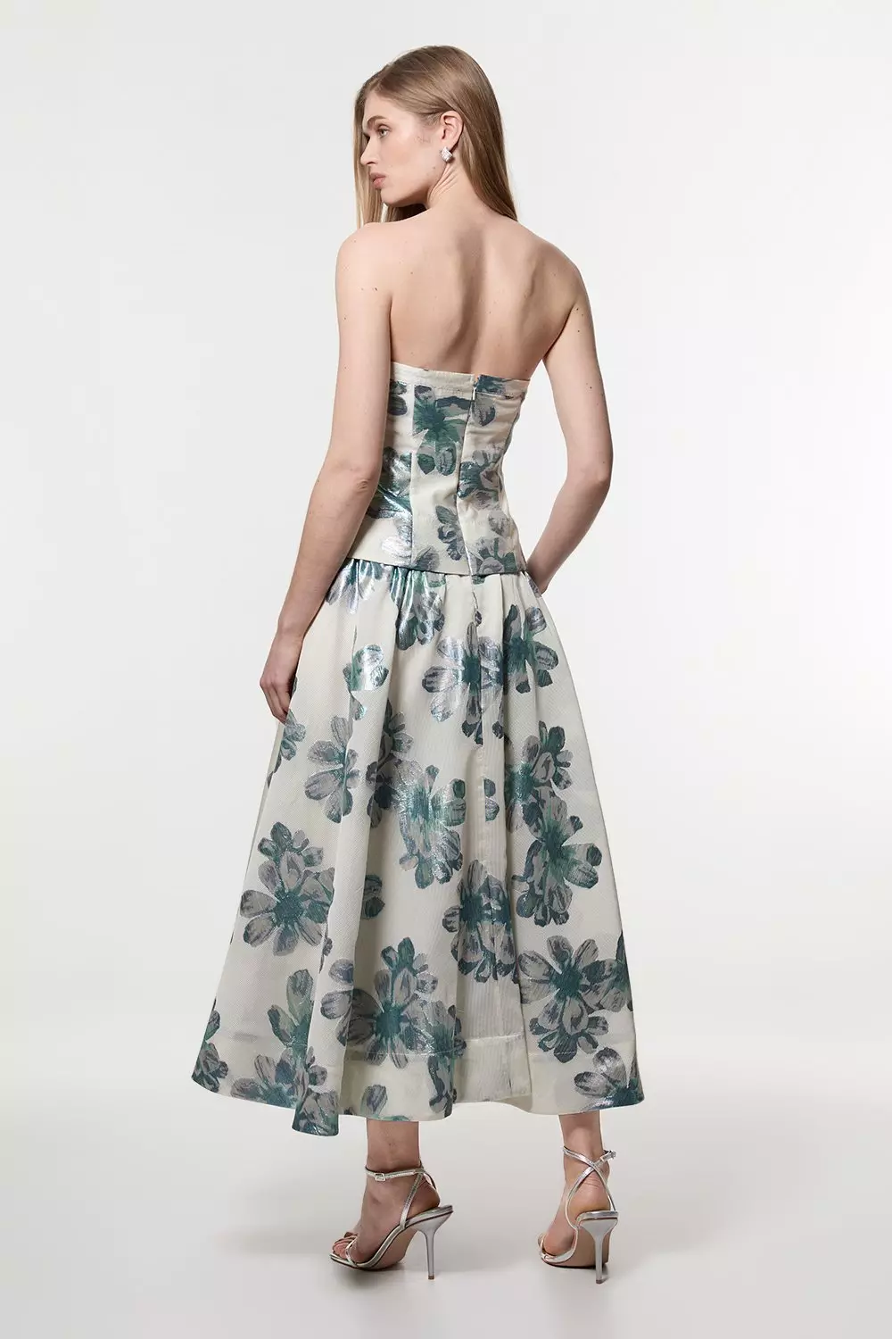 Diamante Trim Bodice Detail Metallic Jacquard Prom Dress