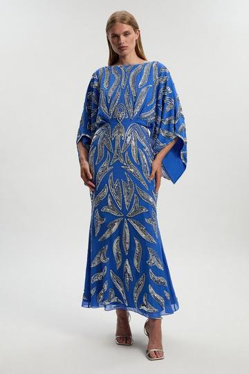 Kimono Sleeve Embellished Maxi Dress blue