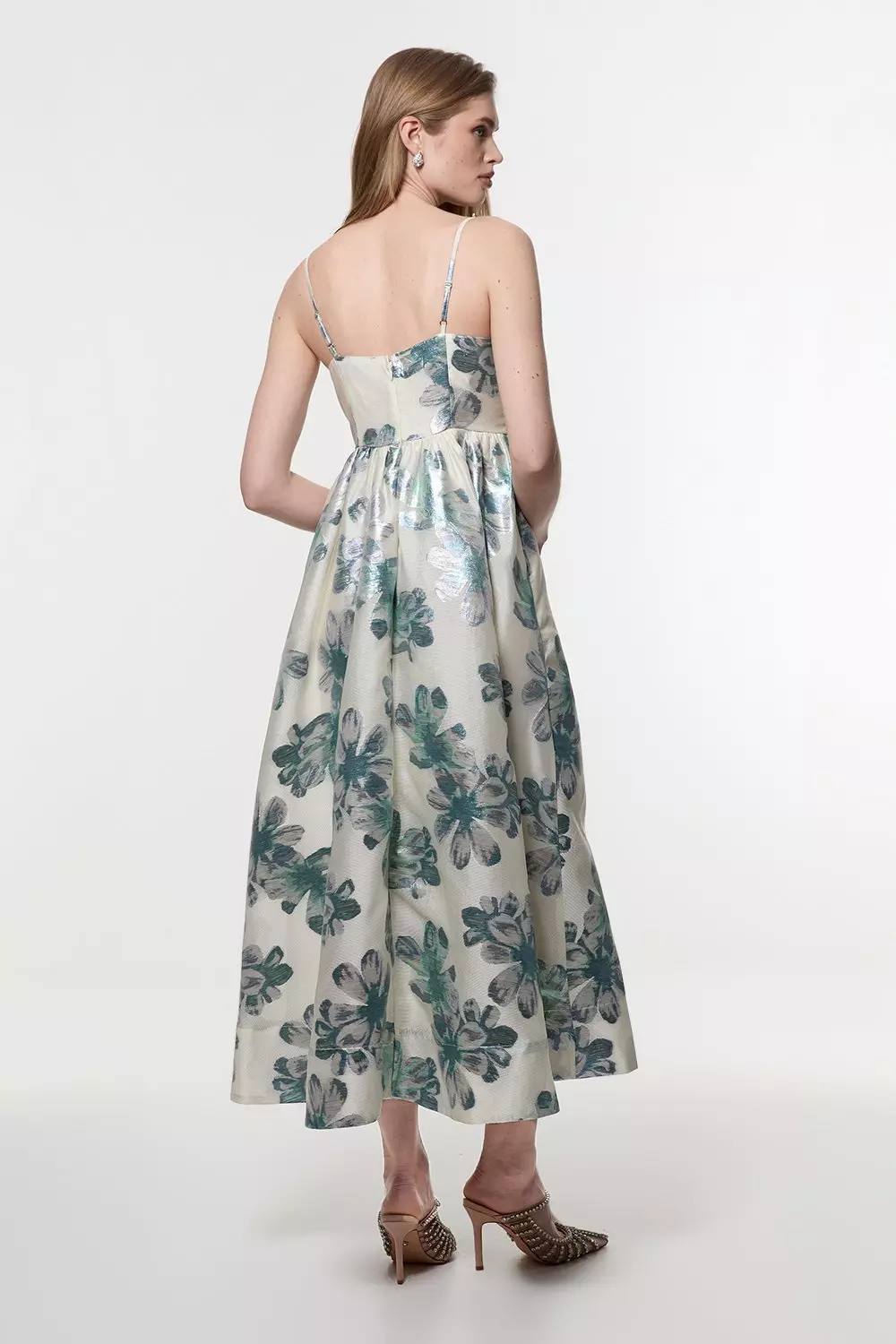 Diamante Trim Bodice Detail Metallic Jacquard Midi Dress