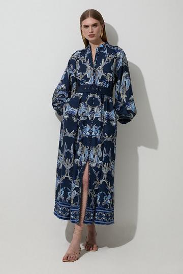 Viscose Linen Mirrored Floral Woven Midi Dress With Raffia Belt navy