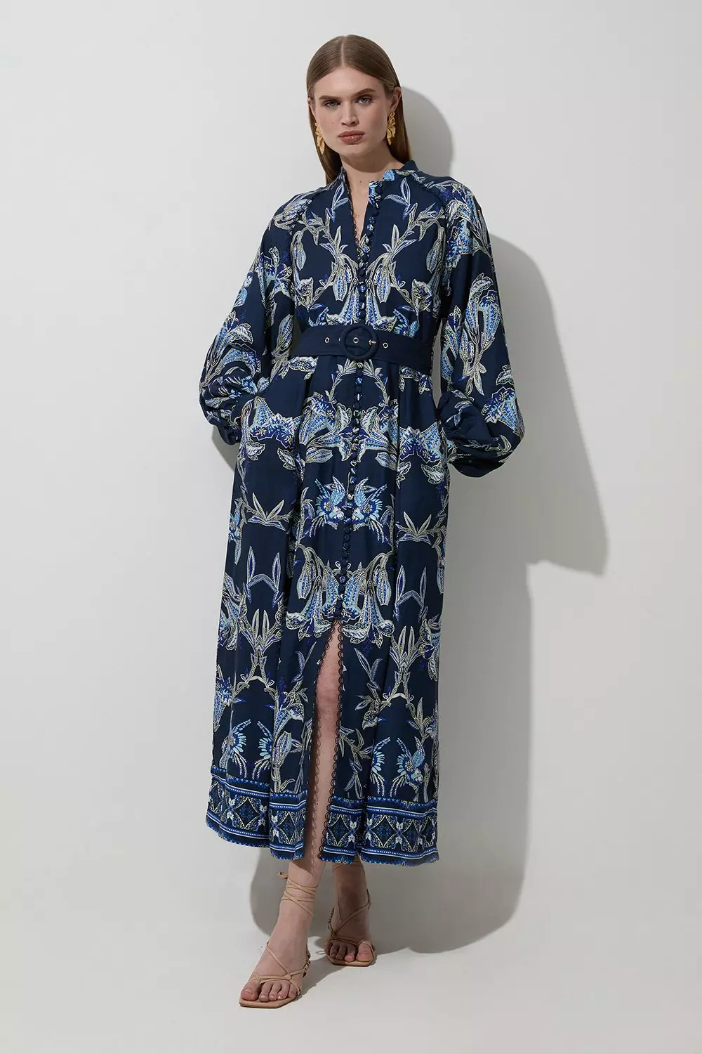 Viscose Linen Mirrored Floral Woven Midi Dress With Raffia