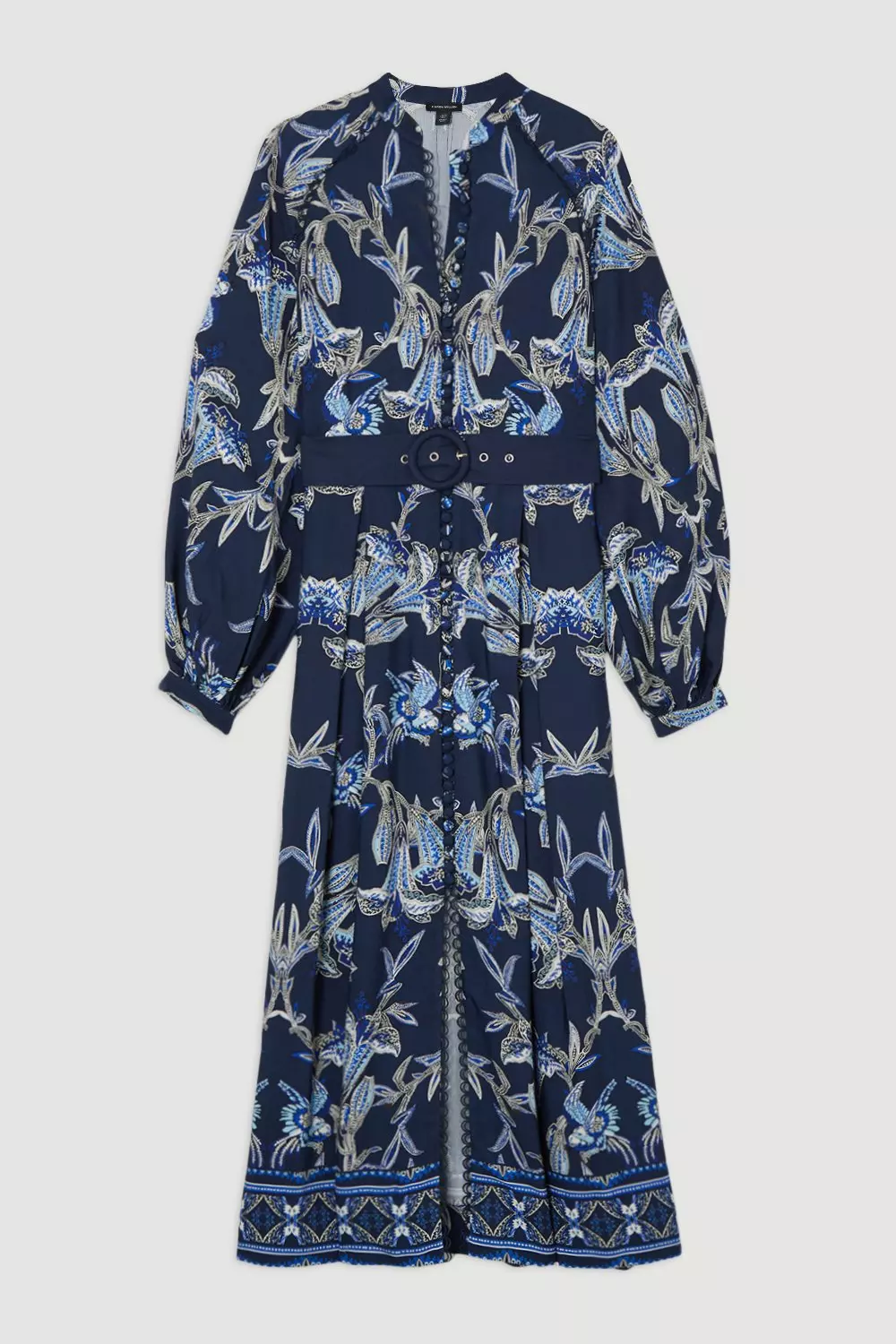 Viscose Linen Mirrored Floral Woven Midi Dress With Raffia