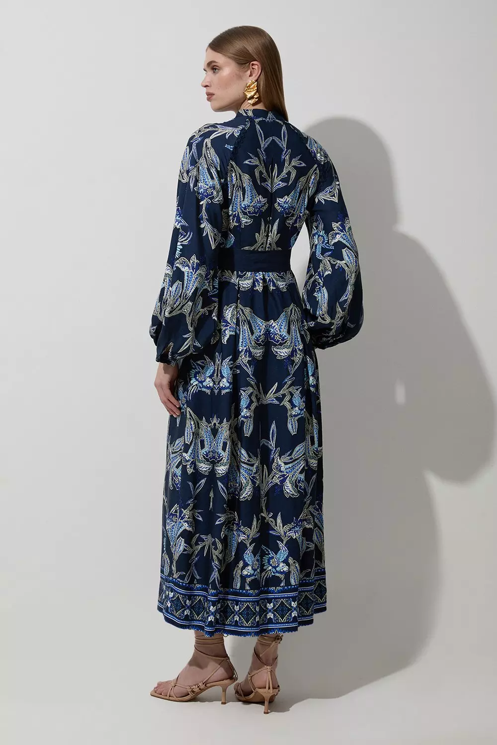 Viscose Linen Mirrored Floral Woven Midi Dress With Raffia