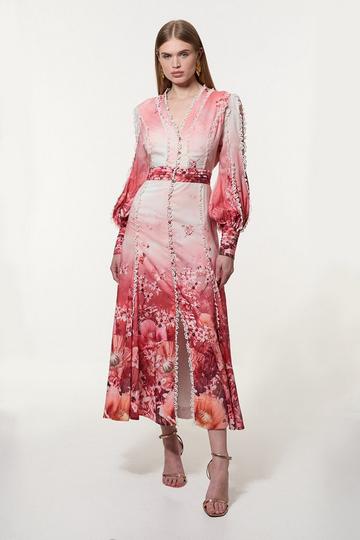 Pink Trailing Floral Woven Plunge Balloon Sleeve Maxi Dress