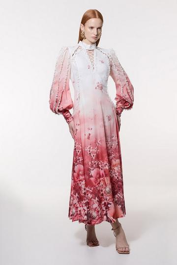 Pink Trailing Floral Woven High Neck Maxi Dress