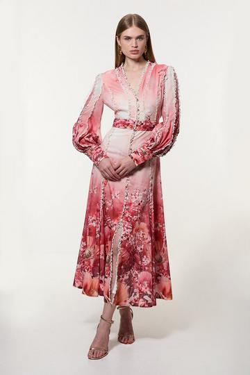 Petite Trailing Floral Woven Plunge Balloon Sleeve Maxi Dress pink