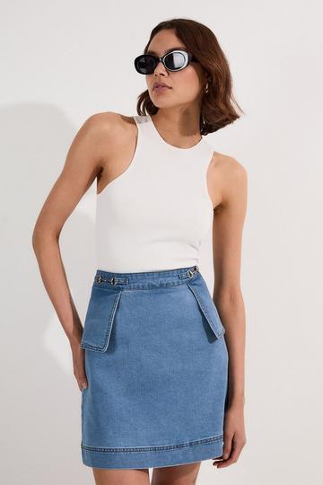 Stretch Denim Snaffle Trim Mini Skirt light blue