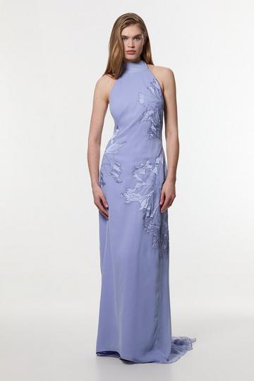 Applique And Lace Georgette Woven Halter Maxi Dress blue