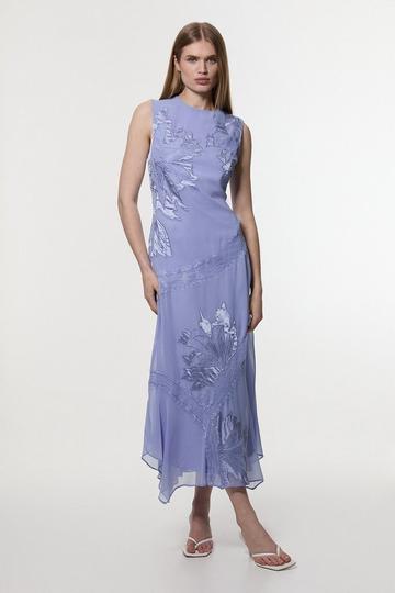 Applique And Lace Georgette Sleeveless Woven Midi Dress blue