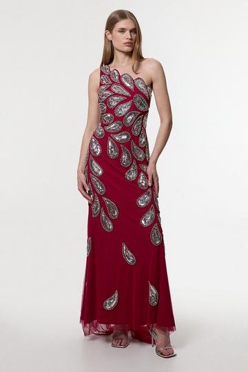 Paisley Embellished One Shoulder Maxi Dress fuchsia