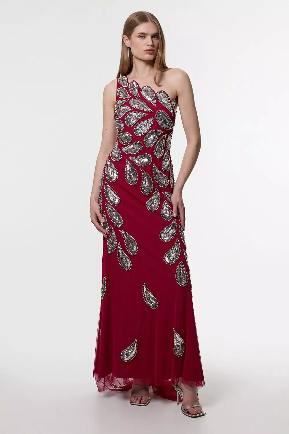 KAREN MILLEN バロックアップリケ ボリューム袖 マキシドレス KAREN MILLEN ドレス 無地 フレア ワンピース アシンメトリー