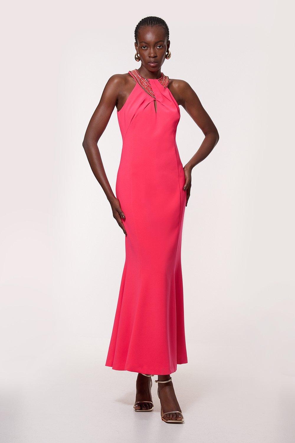 Karen Millen プラスサイズ エナメル チェーンマキシドレス Metallic Embellished And Beaded Halter Maxi Dress | Karen Millen